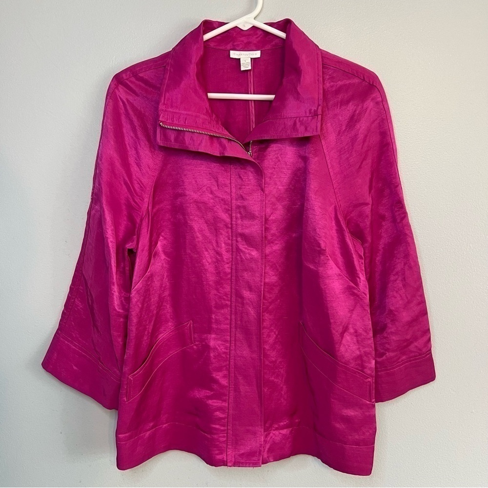 Charter Club Womens Blazer Full Zip Linen Viscose Sz L Pink Barbie Cruise Office